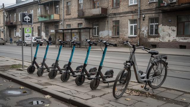 Parked e-scooters and an e-bike beside a rental pickup point sign in Podil, Kyiv